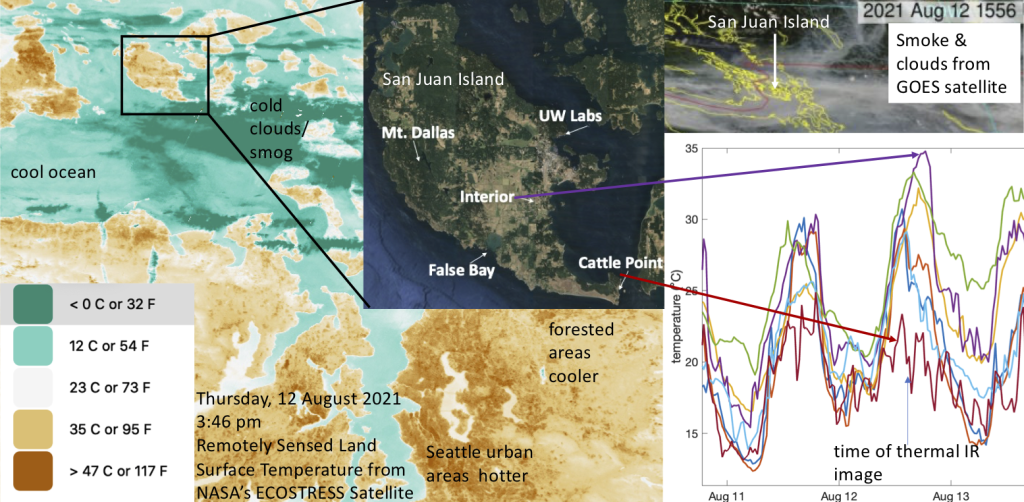 A satellite map showing a heat wave in the San Juan Islands