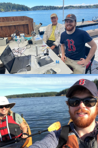 <b>Top</b>: Richard Strathmann and Jack set up with microscopes at FHL’s open house in May 2022 to show visitors about plankton, including some larval life stages that are part of complex life cycles. <b>Bottom</b>: Jack and his PhD advisor Emily Carrington, out for a fun kayak paddle to Turn Island!