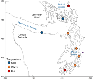 Map of sampled bull kelp forests for the thermotolerance experiments.