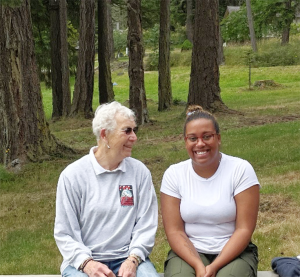 Dr. Carolyn Haugen, Adopt-a-Student Program sponsor and longtime Advancement Board Member, meeting with FHL student Amani Webber-Schultz.