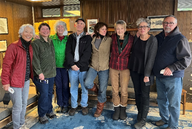 Rachel with FHL staff, researchers and retirees at a retirement gathering. Left-to-right: Aimee Urata, Michelle Herko, Claudia Mills, Scott Schwinge, Vic Foe, Melissa Calohan, Rachel & Mark Anderson.