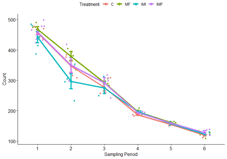 Fig. 4: Total larvae in each jar at weekly sample dates. Colors indicate treatments: C is Control, MF is Microfibers, IMI is Imidacloprid, and IMF is the Imidacloprid/Microfiber combination treatment.