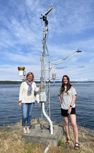 Fig. 1: Emily and Grace "stowin’ away the time" with the FHL Weather Station at Cantilever Pt. Image credit: K. O’Donnell.