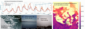 Figure 1. (a) Tide levels at Friday Harbor Laboratories (FHL), along with air temperature a FHL and Cattle Point, with locations marked in e. (b) GOES imagery showing cloud cover at 8 am on 28 July 2022. (c) Photo of clear sky at FHL at 10 am on 28 July. (d) Photo of fog at Cattle Point at the same time. (e) Landsat thermal imagery of sea surface temperatures at noon on 27 July 2022, with no cloud cover.