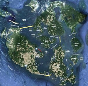 Map of the San Juan Islands with yellow lines demarcating the area where a float plan and advance permission is required for small motor boat trips and a red line demarcating where a float plan and advance permission is required for rowboat trips