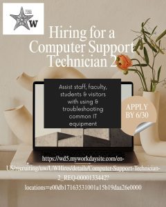 Alt text: "Job posting for Computer Support Technician 2. Includes terms like 'assist staff', 'troubleshoot IT equipment'. Apply by 6/30. Background features a laptop, vase, and plant for a modern, professional feel."