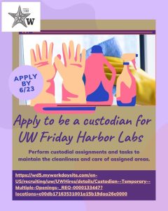Poster for custodial job at UW Friday Harbor Labs. Shows cleaning tools, glove icons, and "Apply by 6/23." Includes application link and job details.