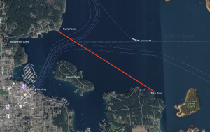 Map of Friday Harbor with a red line from Pumphouse Point to Turn Point