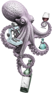 An octopus holds in various arms a half-full glass of wine, a microscope, a scientific flask, and a bottle of wine.