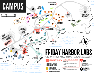 Map of FHL campus showing dorms, labs, shoreline, and more