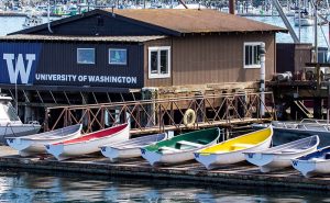 Rowboats sit upright on a floating dock at UW Friday Harbor Labs.