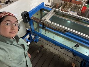 The author beside a large flow tank where five snails are visible, along with three cameras positioned underneath it to record snail behavior.